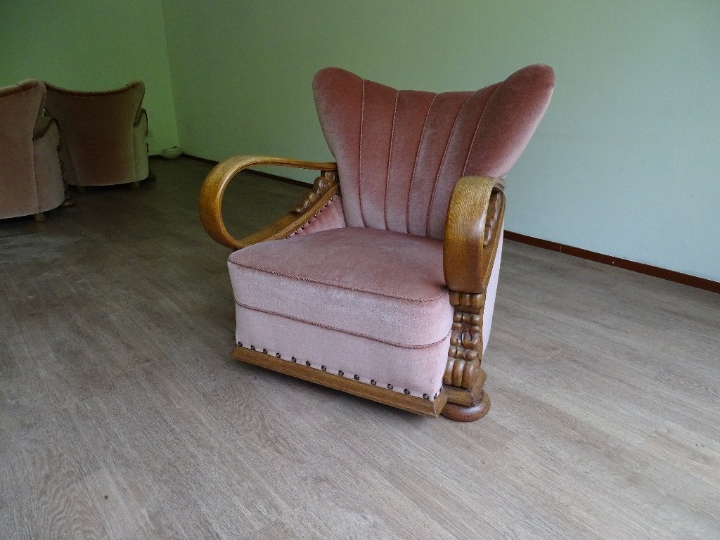 Art Deco fauteuil | open leuning | oudroze velours 1930-1950, Antiek en Kunst, Ophalen of Verzenden