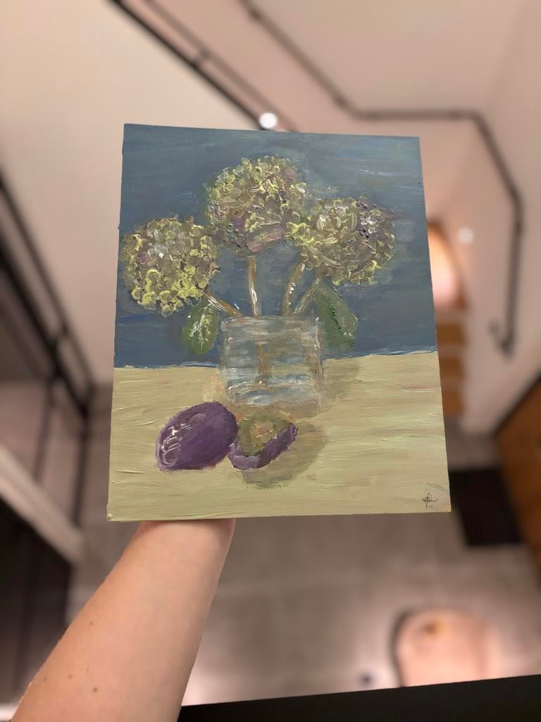 Schilderij: Hortensia en Fruit - Acryl op doek 24x30cm, Ophalen of Verzenden