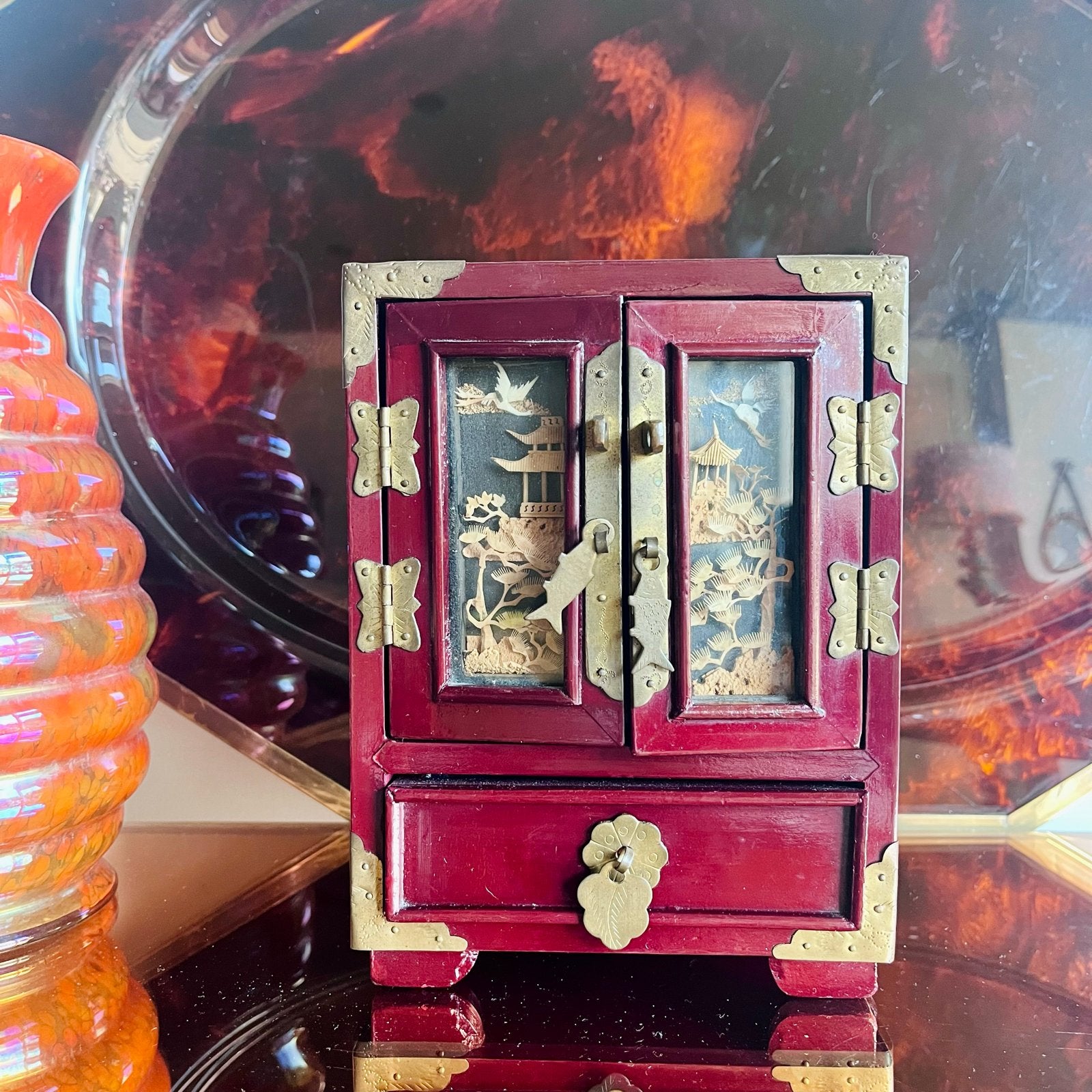 Chinees juwelenkastje met kurksnijwerk vintage, Ophalen of Verzenden