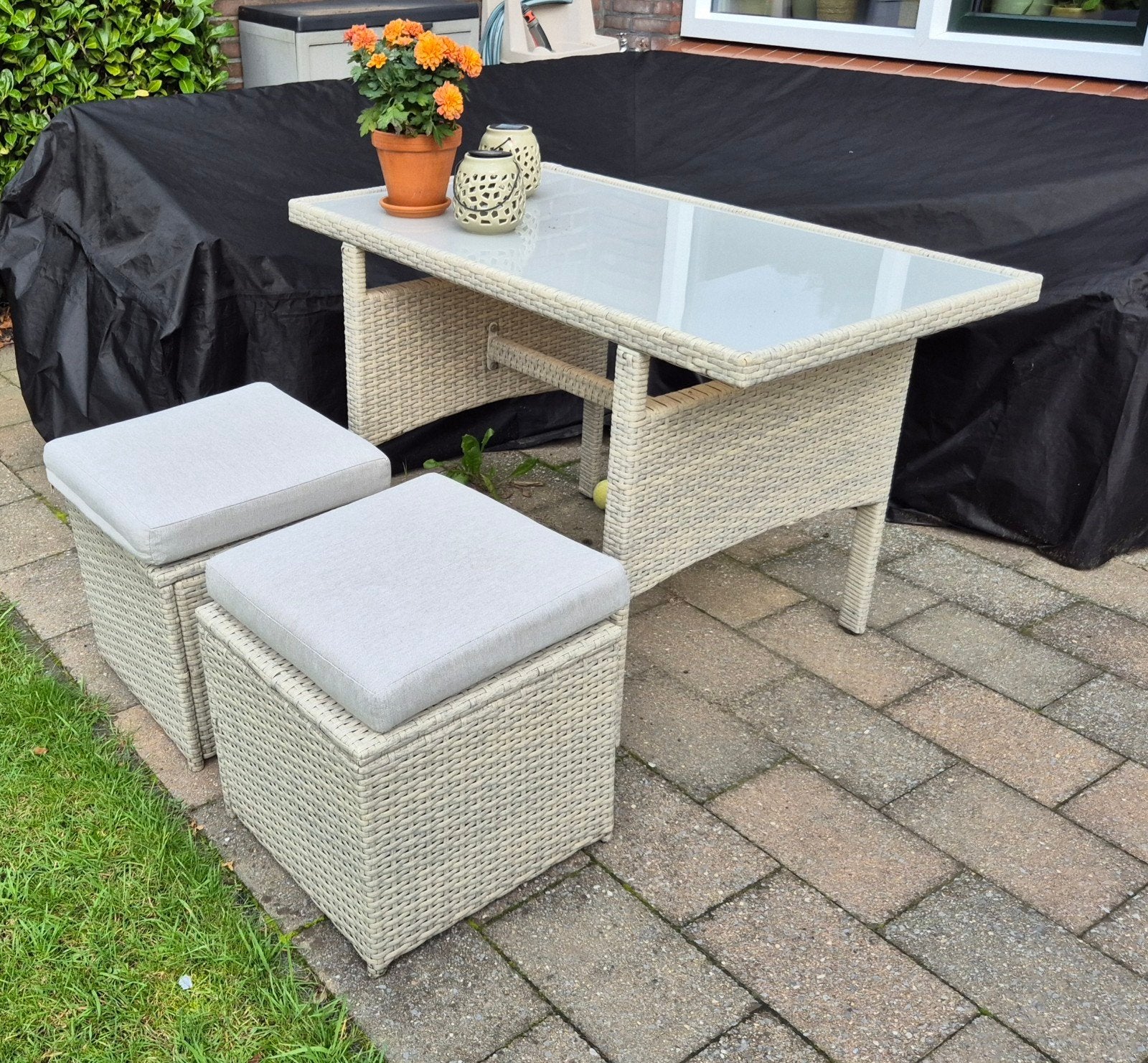 Tuintafel met 2 krukjes 60x110cm, Tuin en Terras, Ophalen, Gebruikt, Rechthoekig, Wicker
