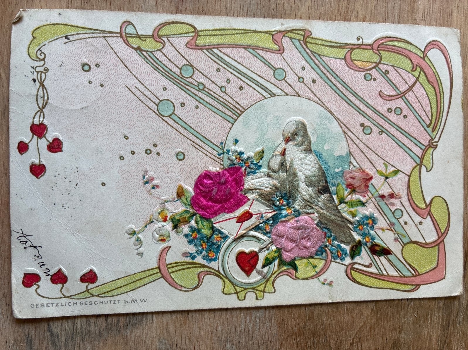 Oude Art Nouveau Postkaart Zijde naar café in Haagen Groet, Ophalen of Verzenden, Voor 1920, Gelopen, Brussel (Gewest)