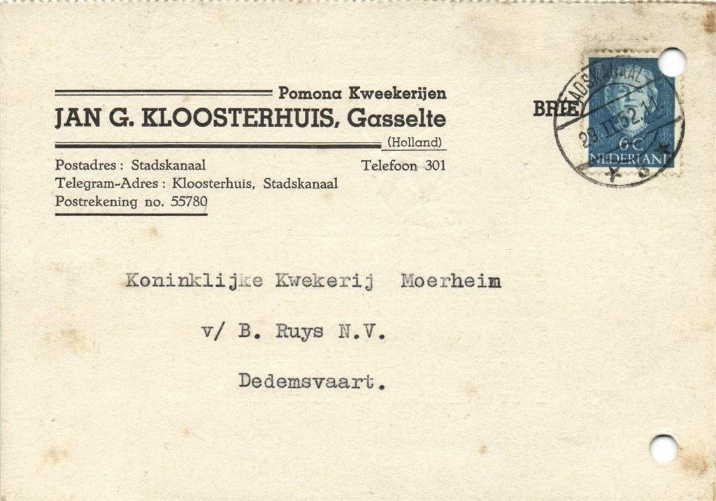 Jan G. Kloosterhuis, Gasselte - 02.1952 - briefkaart, Ophalen of Verzenden, Briefkaart