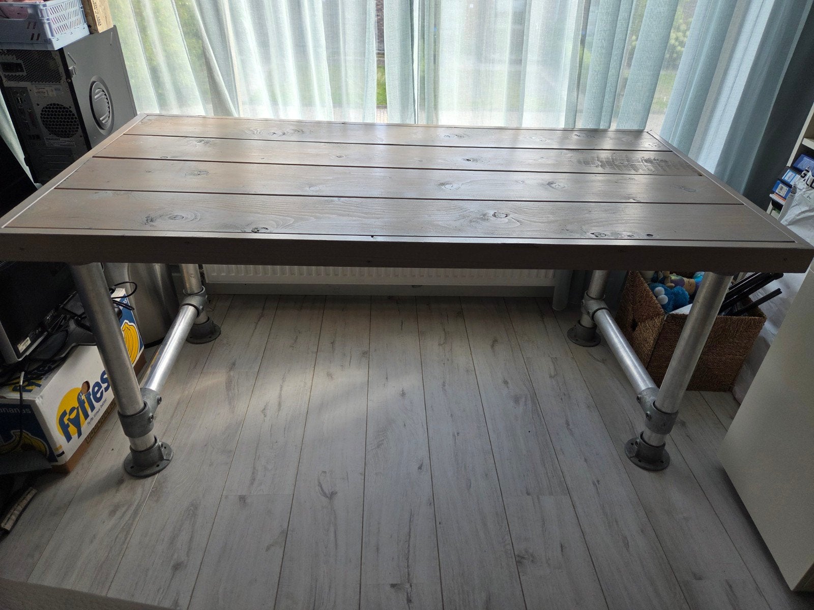 Zelfgemaakte eettafel, tv-meubel en salontafel - Gebeitst, Huis en Inrichting, Ophalen, Gebruikt, Rechthoekig