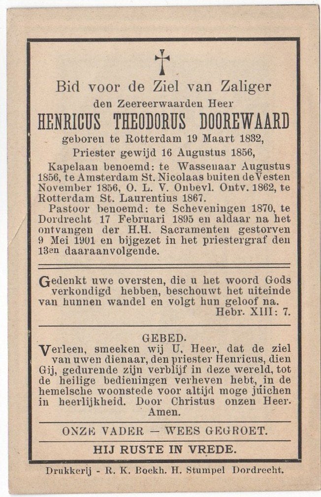 pastoor Henricus Doorewaard 1832 Rotterdam + 1895 Dordrecht, Verzenden