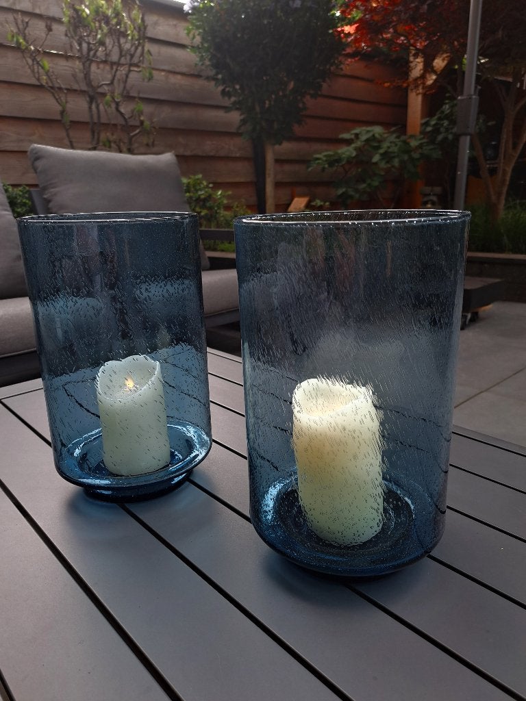Mooie glazen windlichten inclusief kaarsen, Met patroon/structuur, Blauw, Ophalen of Verzenden, Glas