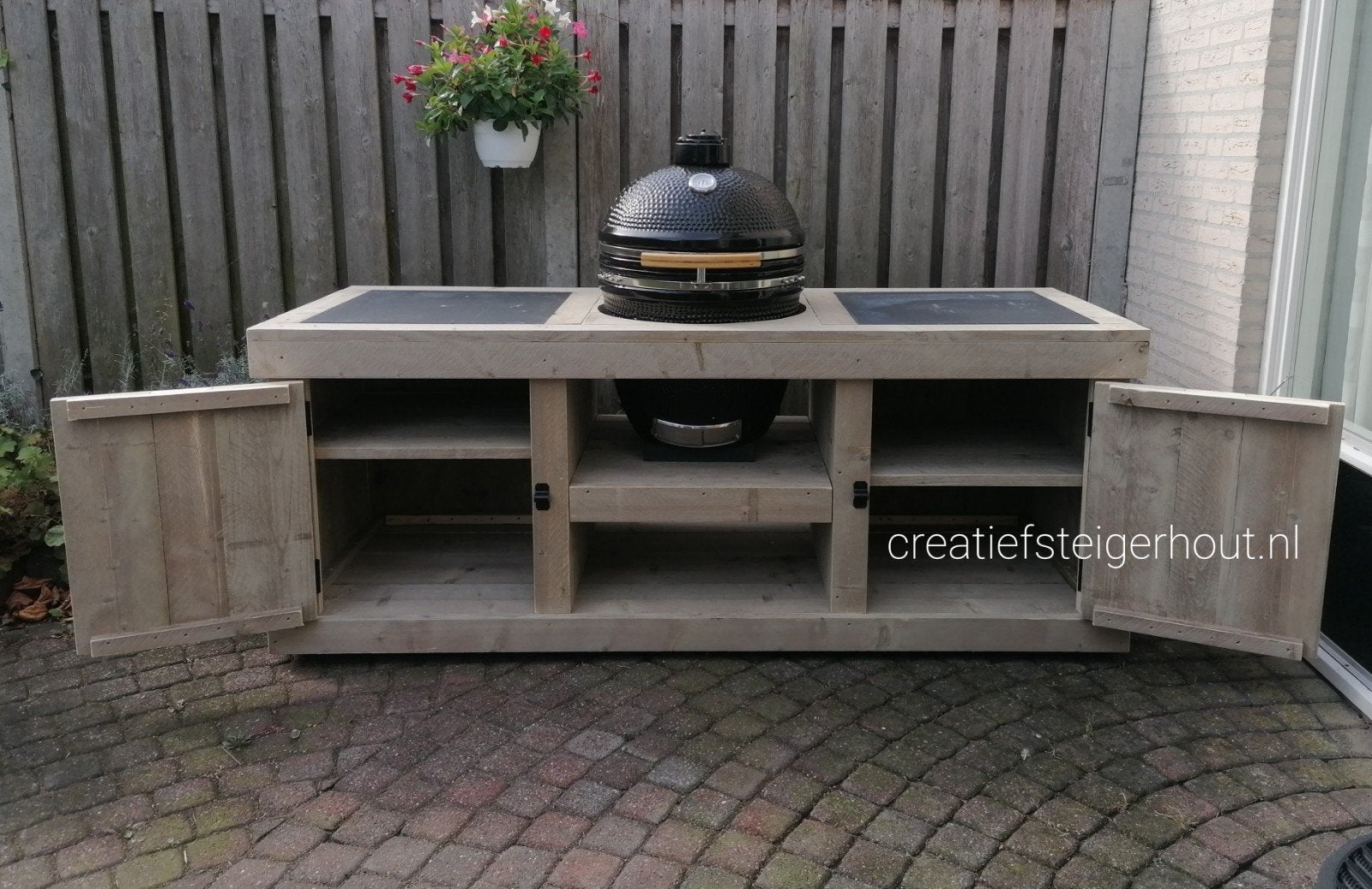 Verrijdbare buitenkeuken bbq kamado egg mancave steigerhout, Verzenden, Nieuw, Houtskool, Inbouw