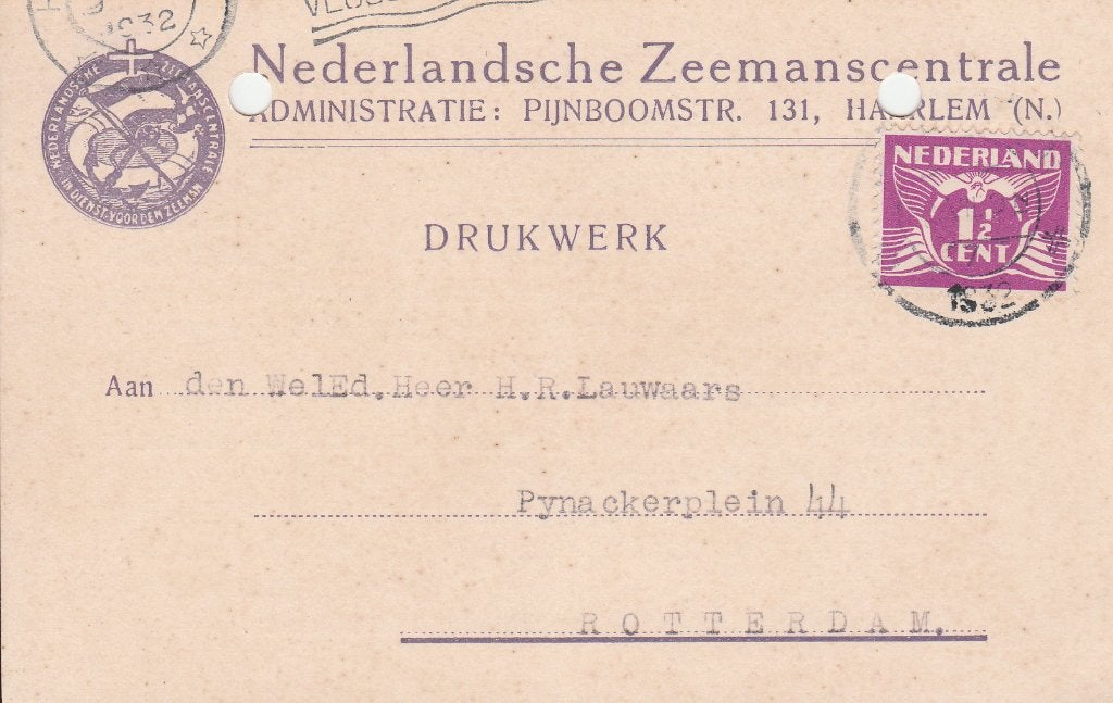 HAARLEM 1932 NEDERLANDSCHE ZEEMANSCENTRALE Pijnboomstr 131, Ophalen of Verzenden, 1920 tot 1940, Noord-Holland