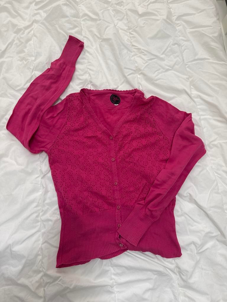 Roze gebreid vestje met knoopjes van Tante Betsy, Kleding | Dames, Truien en Vesten, Ophalen, Zo goed als nieuw, Maat 38/40 (M)