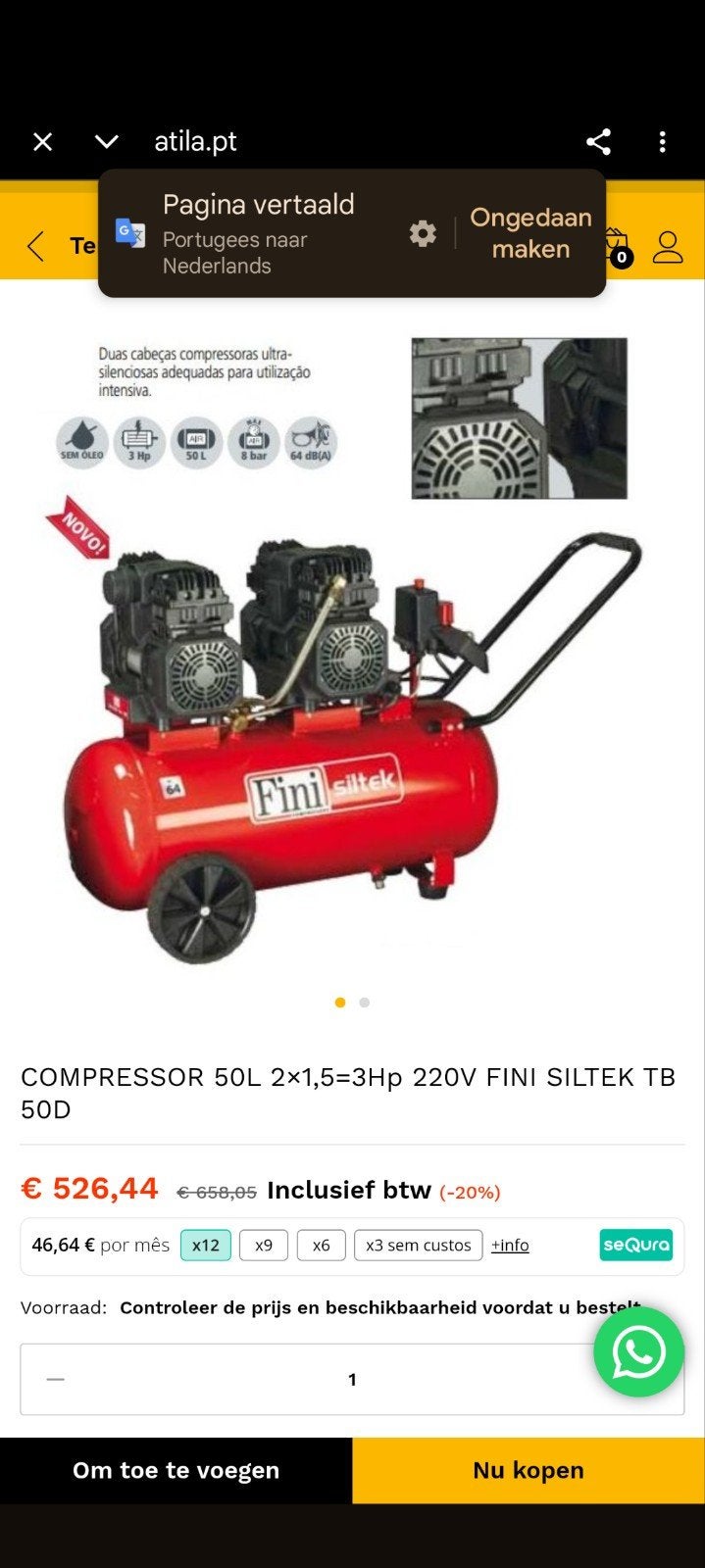 Fini Siltek TB 50D Compressor 50L 3PK 220V Olievrij Stil, Doe-het-zelf en Verbouw, Ophalen