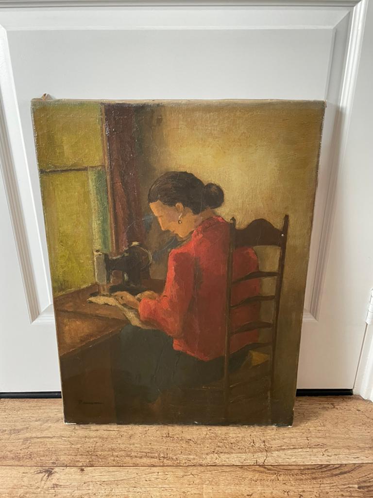 Vrouw achter naaimachine, Ophalen of Verzenden