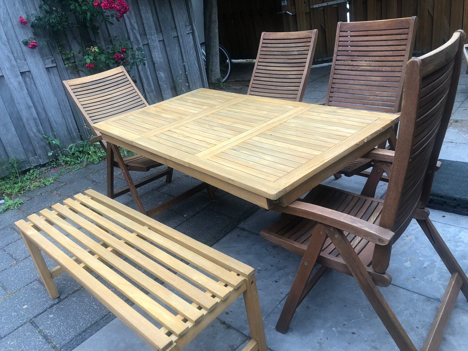 TeakHout tuinset met tafel en 4 stoelen en bankje, 4 zitplaatsen, Gebruikt, Eettafel, Ophalen of Verzenden