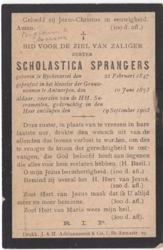 zr. Scholastica Sprangers 1847 Rijckevorsel + 1903 Antwerpen, Ophalen of Verzenden