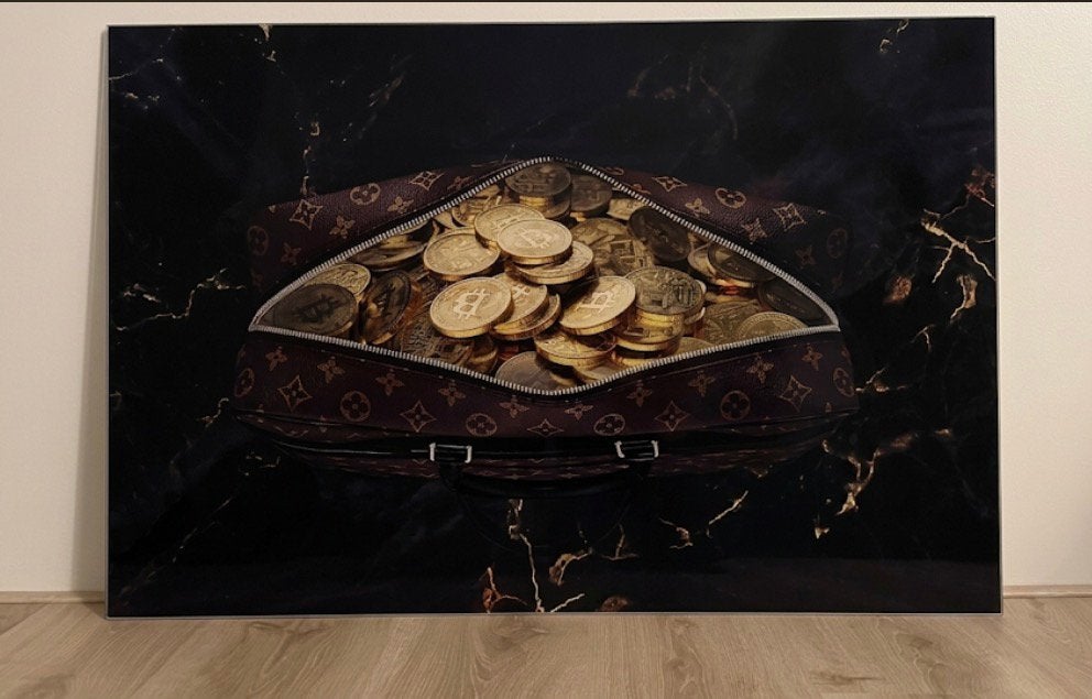 Modern Schilderij - Bitcoin / LV Luxury Art (90x60 cm), Ophalen, Zo goed als nieuw