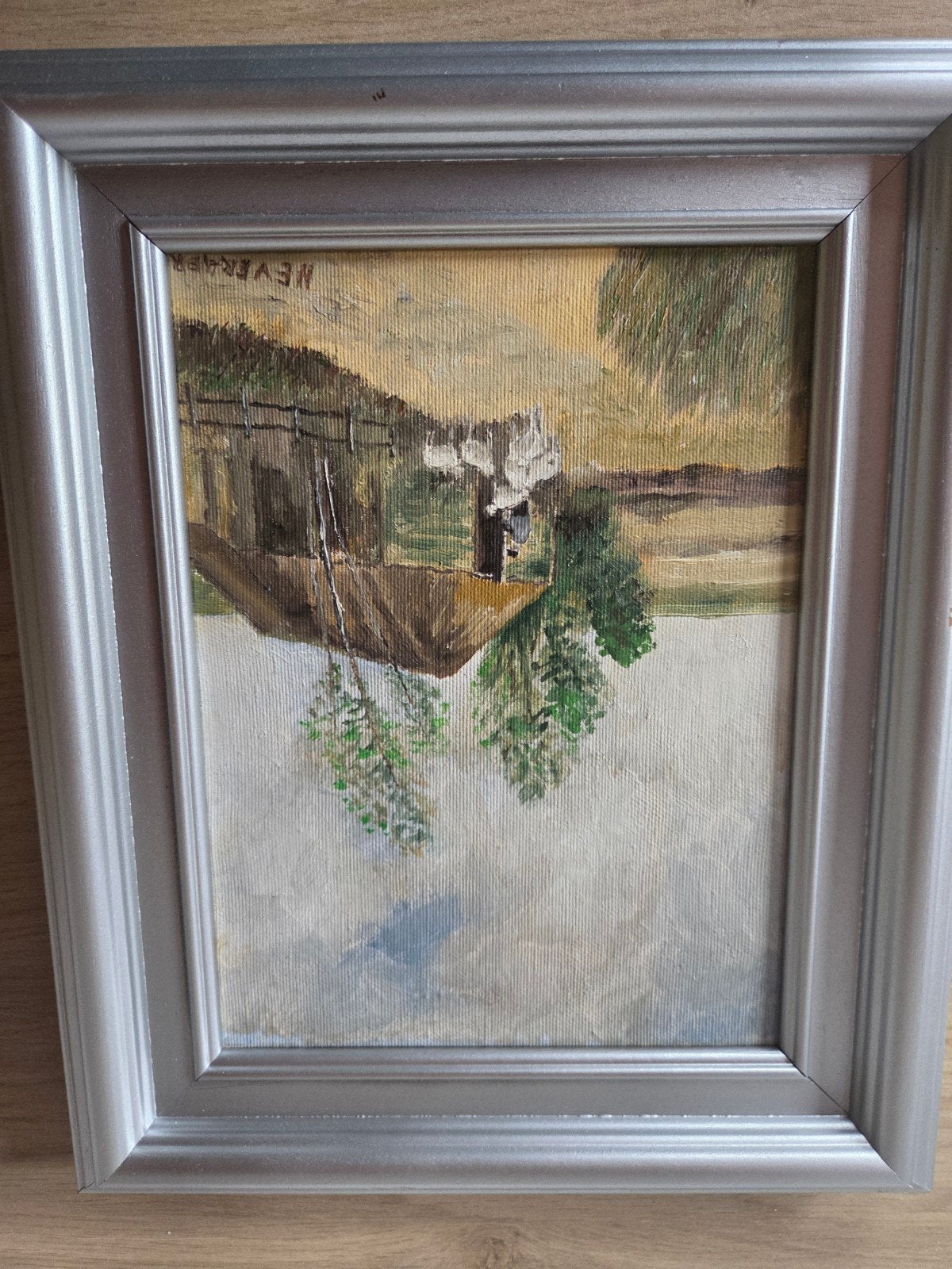 Olieverfschilderij Landschap met water en huisje, Antiek en Kunst, Kunst | Schilderijen | Klassiek, Ophalen