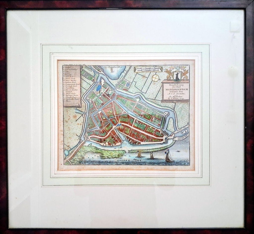 Antieke gravure plattegrond Monnikedam 1743 (Monnickendam), Antiek en Kunst, 39 cm, Cartografie, 42 cm, Ophalen of Verzenden