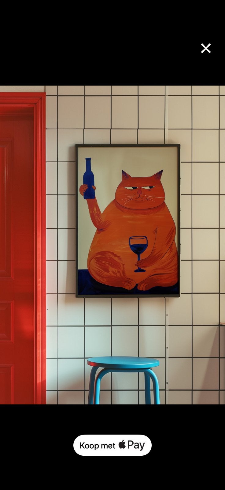 Kunstprint kat met wijn: retro decor barwagen, Papier/karton, Ophalen of Verzenden, Print, Dieren