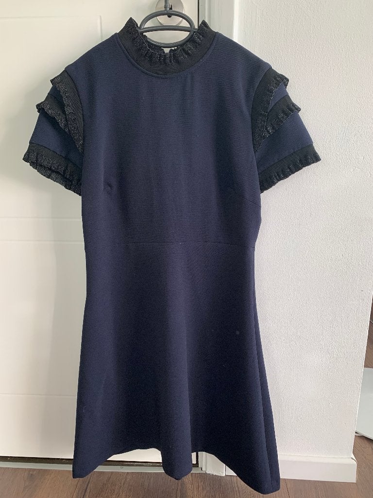 Marineblauw Sandro Cody mini jurk met ruche wafelstof mt 38, Kleding | Dames, Maat 38/40 (M), Blauw, Sandro, Nieuw