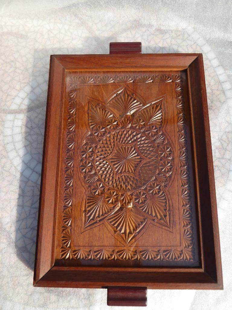 dienblad houtsnijwerk met glasplaat, Antiek en Kunst, Ophalen