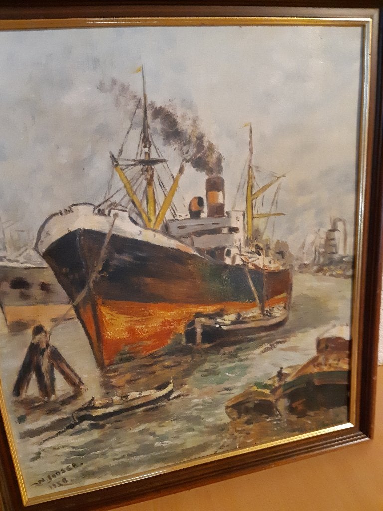 schilderij boot rotterdam, Antiek en Kunst, Ophalen, Handgeschilderd, Olieverf, Vintage