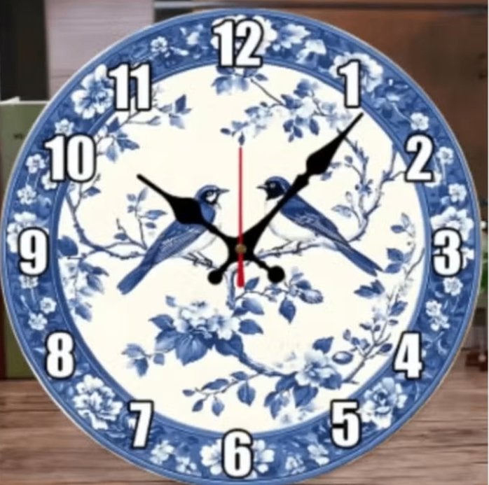 Ronde wandklok van hout Vogeltjes Delfts Blauw (25cm), Verzenden, Nieuw, Wandklok
