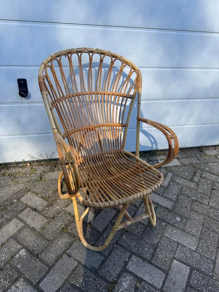 Vintage rotan fauteuil - Rohé Noordwolde jaren '50, Huis en Inrichting, Fauteuils, Ophalen, Gebruikt, Minder dan 75 cm, ?