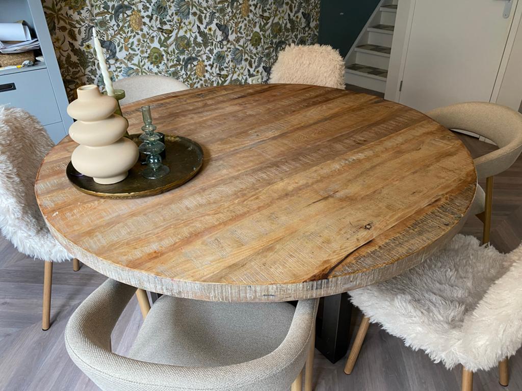 Ronde eettafel van mangohout met metalen onderstel, Ophalen, Gebruikt, 100 tot 150 cm, Rond
