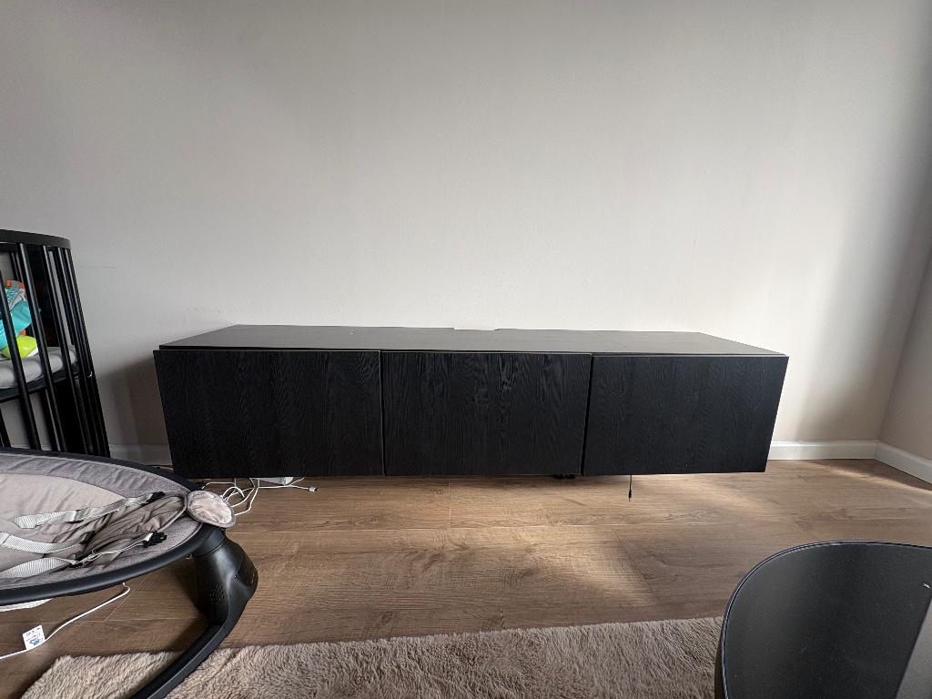 Tv meubel, Huis en Inrichting, Kasten | Televisiemeubels, Ophalen, Gebruikt, 150 tot 200 cm, Zwart hout