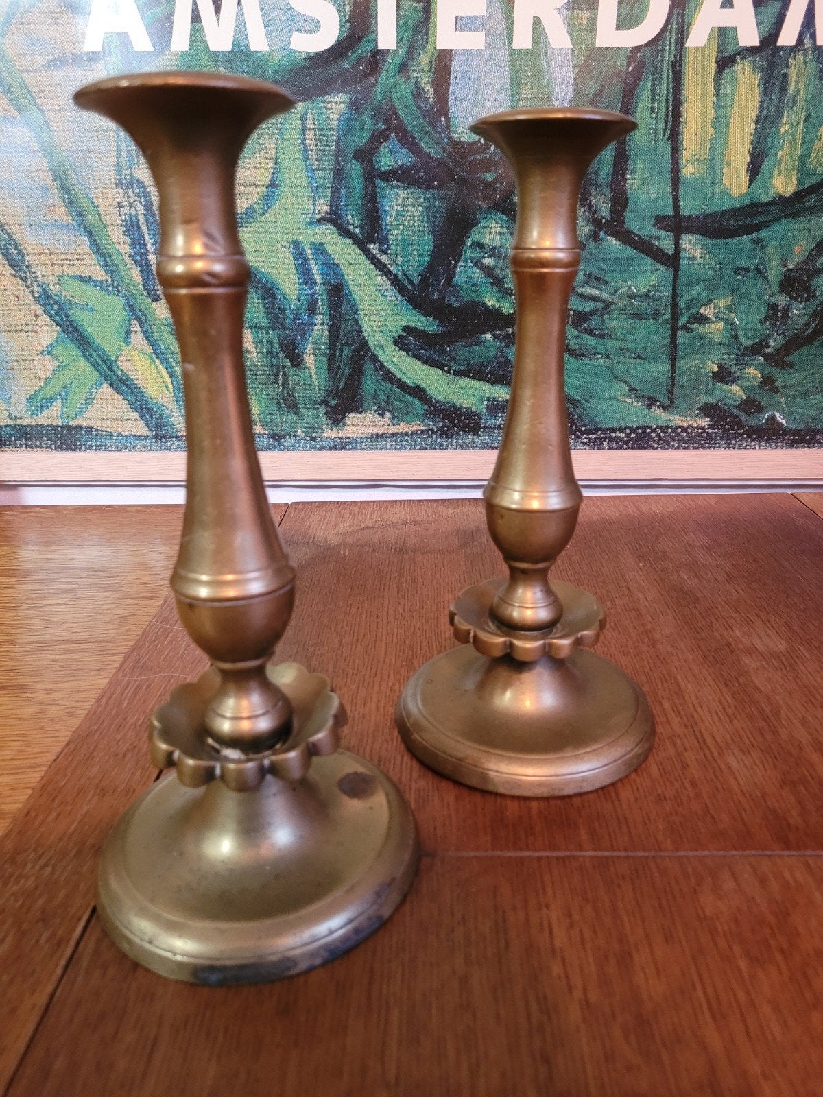 Antieke messing koperen kandelaars - 25 cm hoog, Ophalen of Verzenden, Koper of Brons