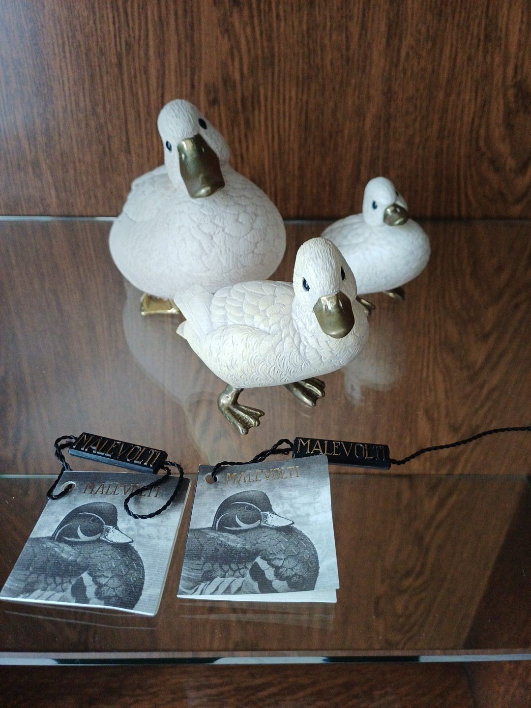 Eenden, deco van 3 Malevolti beeldjes, wit met goud, Ophalen, Overige materialen, Wit, Klassiek