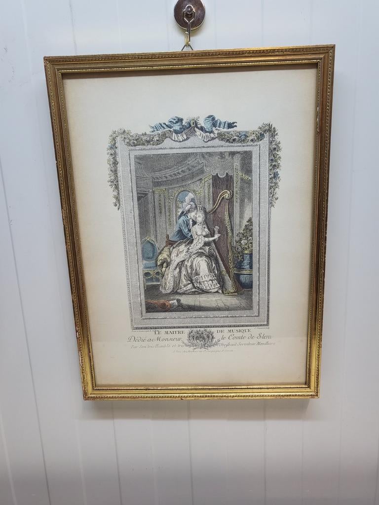 Antieke Gravure 'Le Maître de Musique' - 18e Eeuw, Dagelijks leven, Ingelijst, Ophalen of Verzenden, Gravure