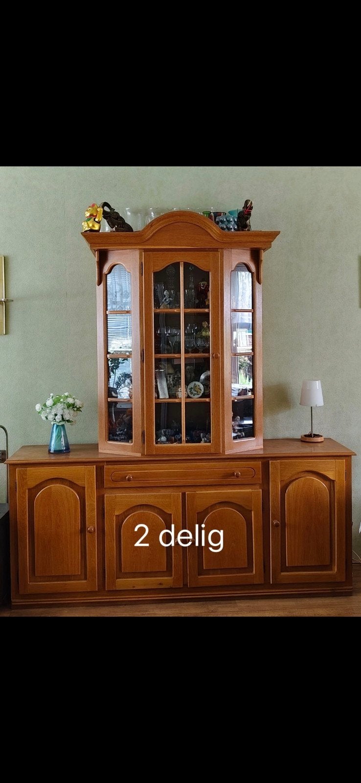 2-delige Vitrinekast - Eikenhout, Ophalen, Gebruikt, Eikenhout, 200 cm of meer
