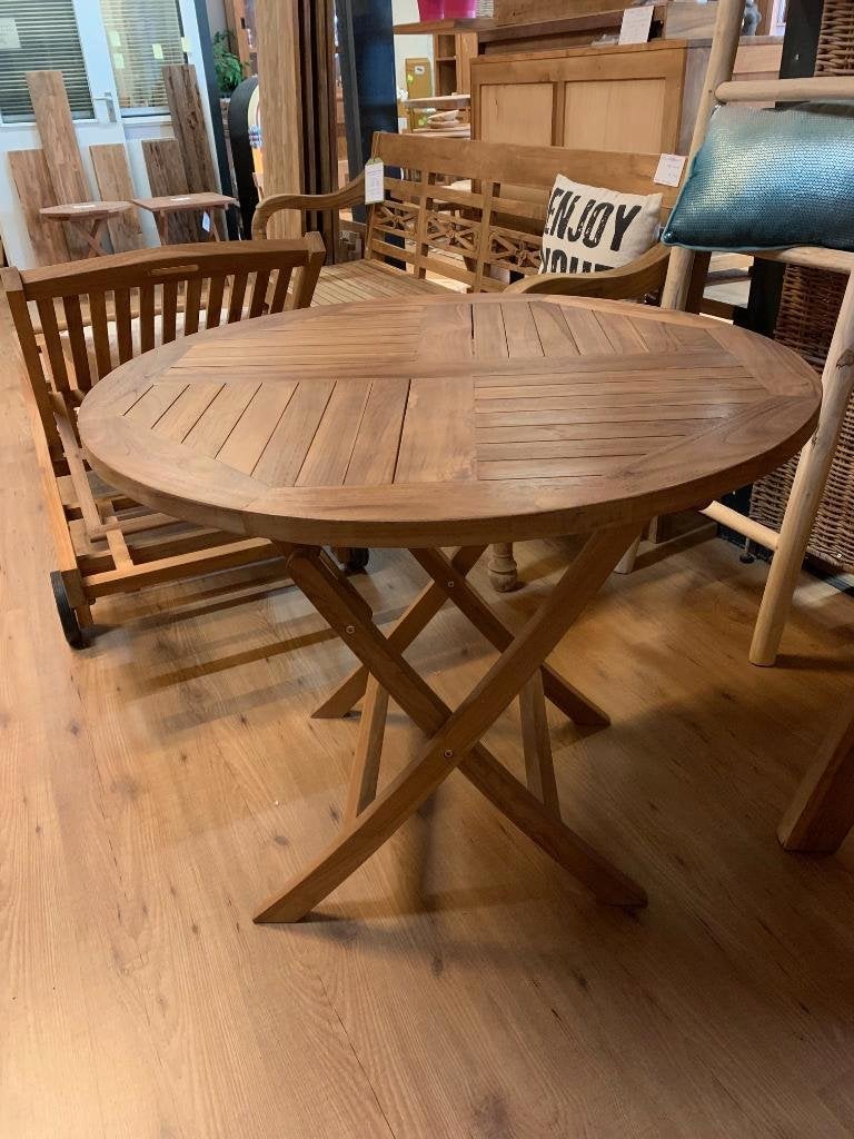 Ronde Klaptafel TEAK bijv ø 90cm & plat inklapbaar, handig!, Ophalen, Rond, Nieuw, Inklapbaar