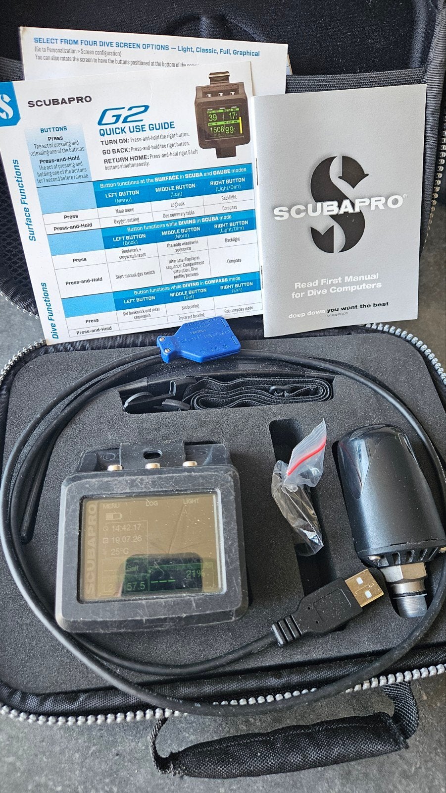 Scubapro G2 met transmitter en heartrate belt, Watersport en Boten, Ophalen of Verzenden, Gebruikt, Duikcomputer