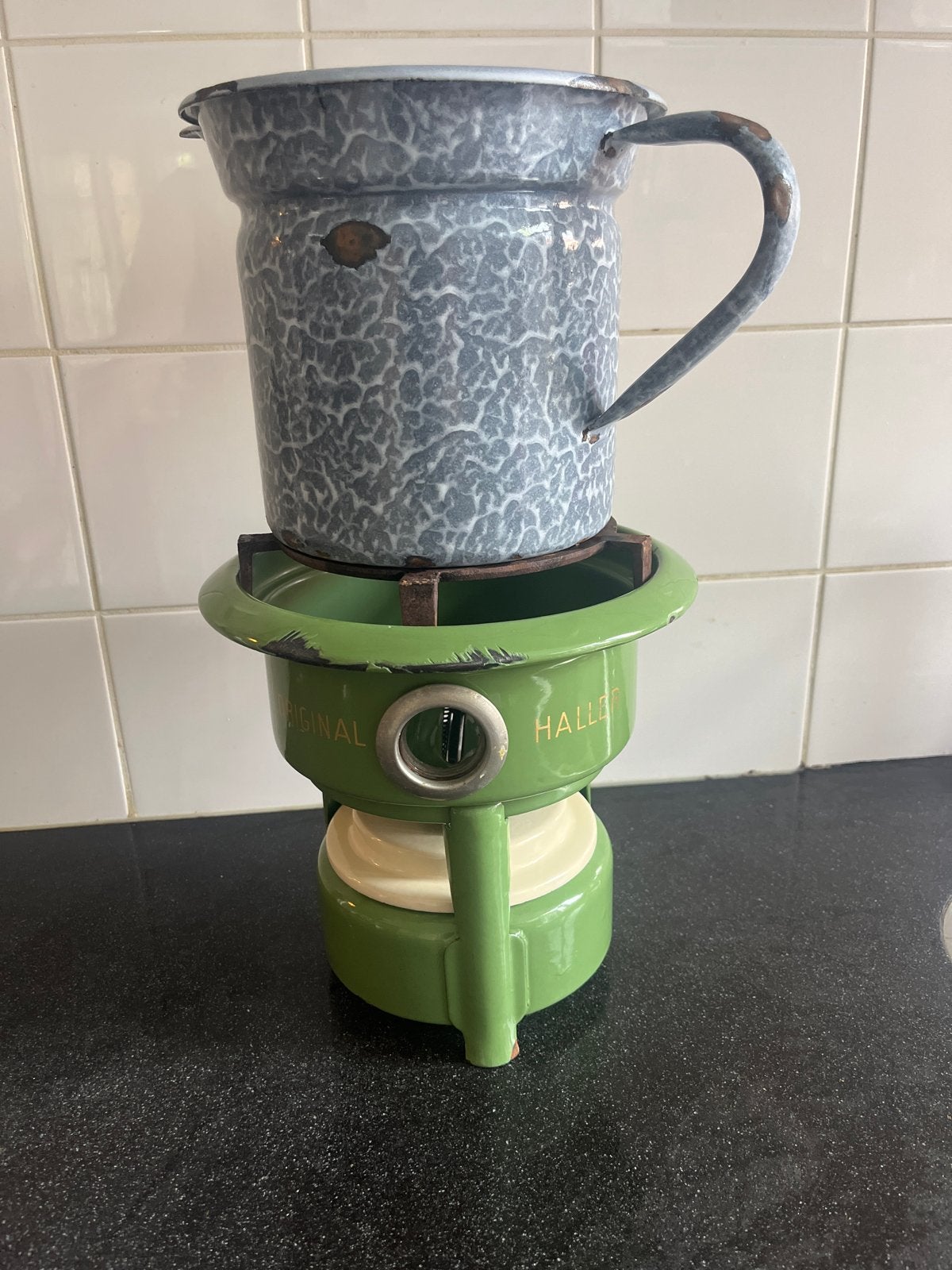 Vintage emaille koffiekan met spiritusbrander/petroleumstel, Ophalen of Verzenden