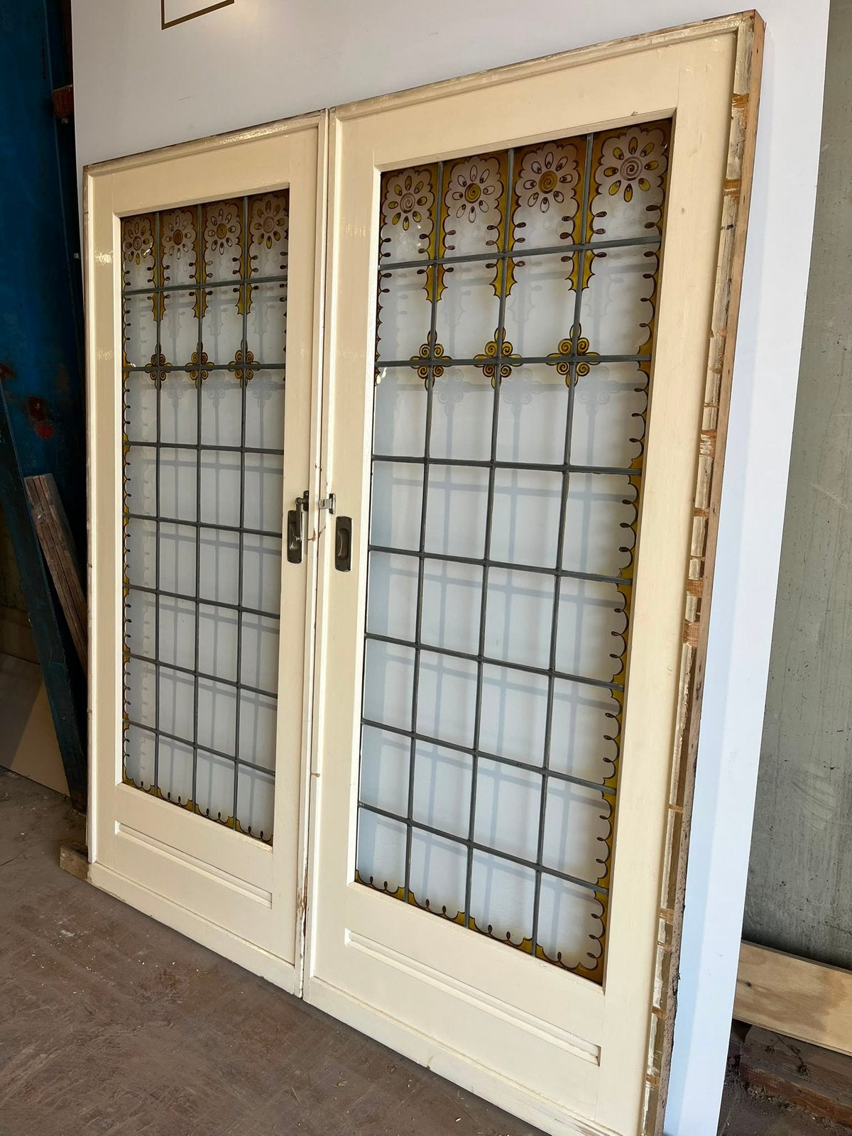 Antieke ensuite schuifdeuren gebrandschilderd 201.5 x 173, Doe-het-zelf en Verbouw, Deuren en Horren, Gebruikt, 120 cm of meer