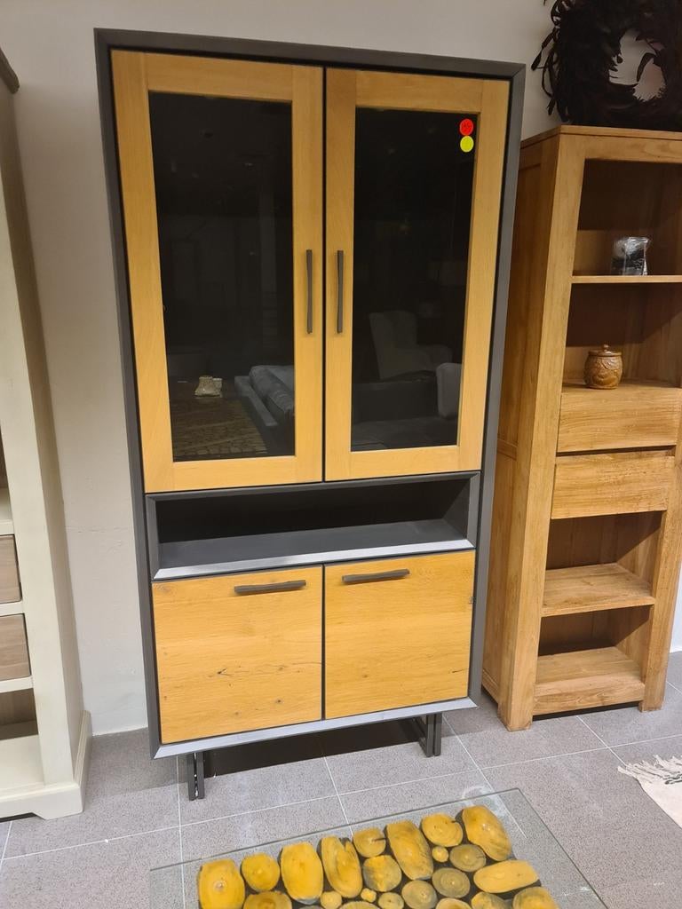 Nieuwe vitrinekast 200x100cm mangohout €175, Huis en Inrichting, Ophalen, 100 tot 150 cm, 200 cm of meer, .