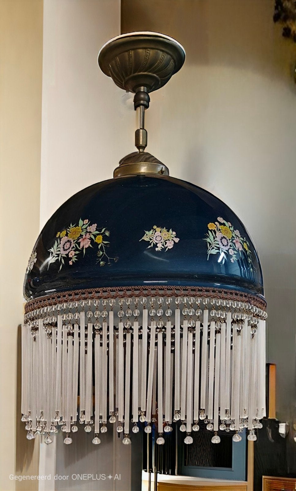 Jaren '30 Antieke Hanglamp met Donkerblauw Glas en Kralen, Antiek en Kunst, Ophalen