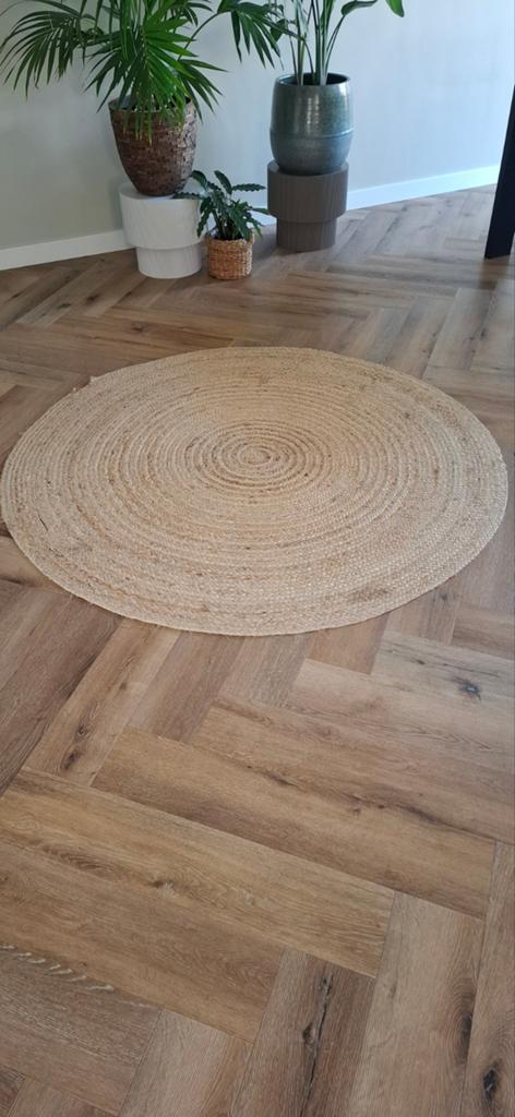Jute rond vloerkleed - Ø 1.55m met gebruikerssporen, Gebruikt, Beige, 150 tot 200 cm, Rond