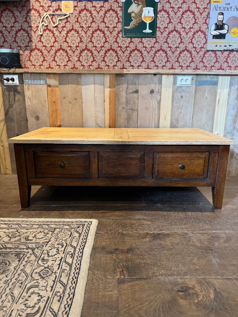 Massief houten salontafel met 2 lades – landelijke stijl, Huis en Inrichting, Tafels | Salontafels, Ophalen, 100 tot 150 cm, Teakhout