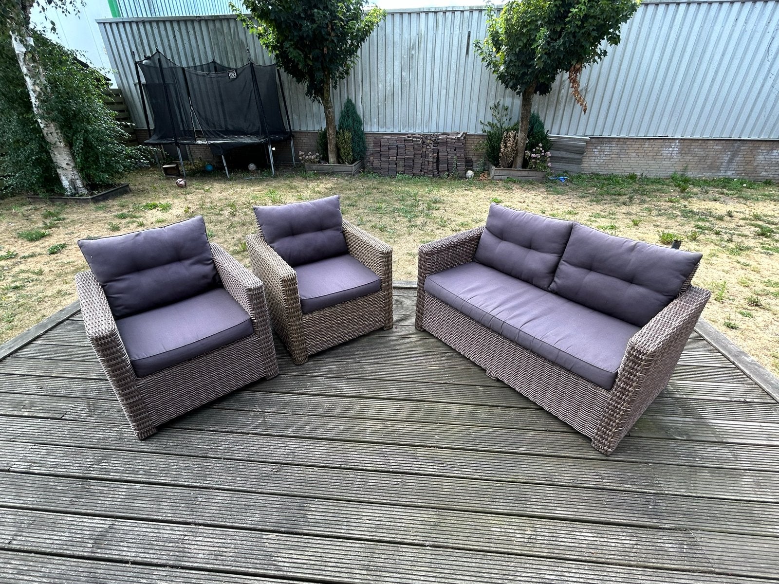Tuinset: bank en twee fauteuils met kussens, Ophalen, 4 zitplaatsen, Gebruikt, Wicker
