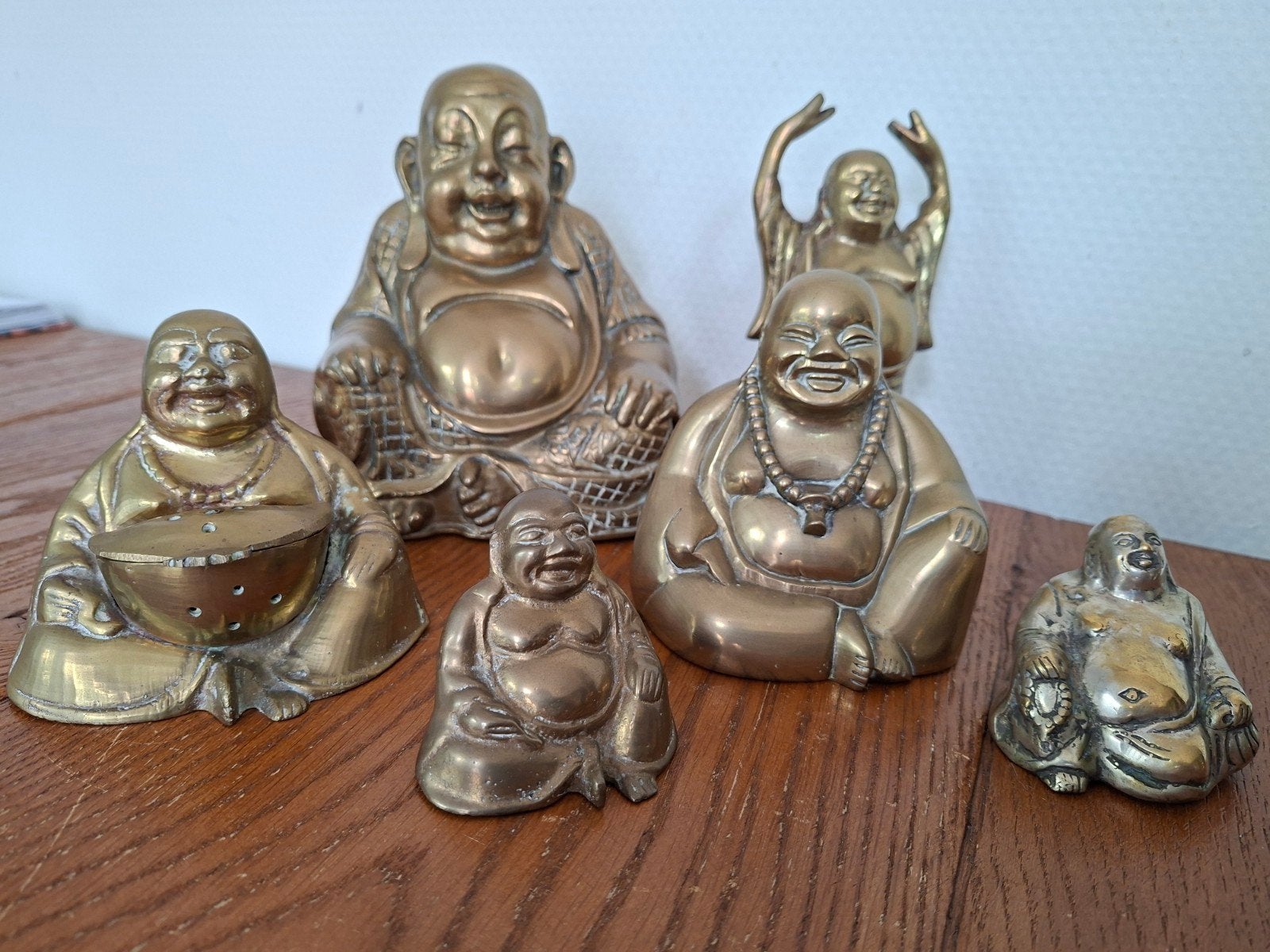 Zes beeldjes van lachende Boeddha's/Hotei/Budai, Metaal, ?, Goud, ?