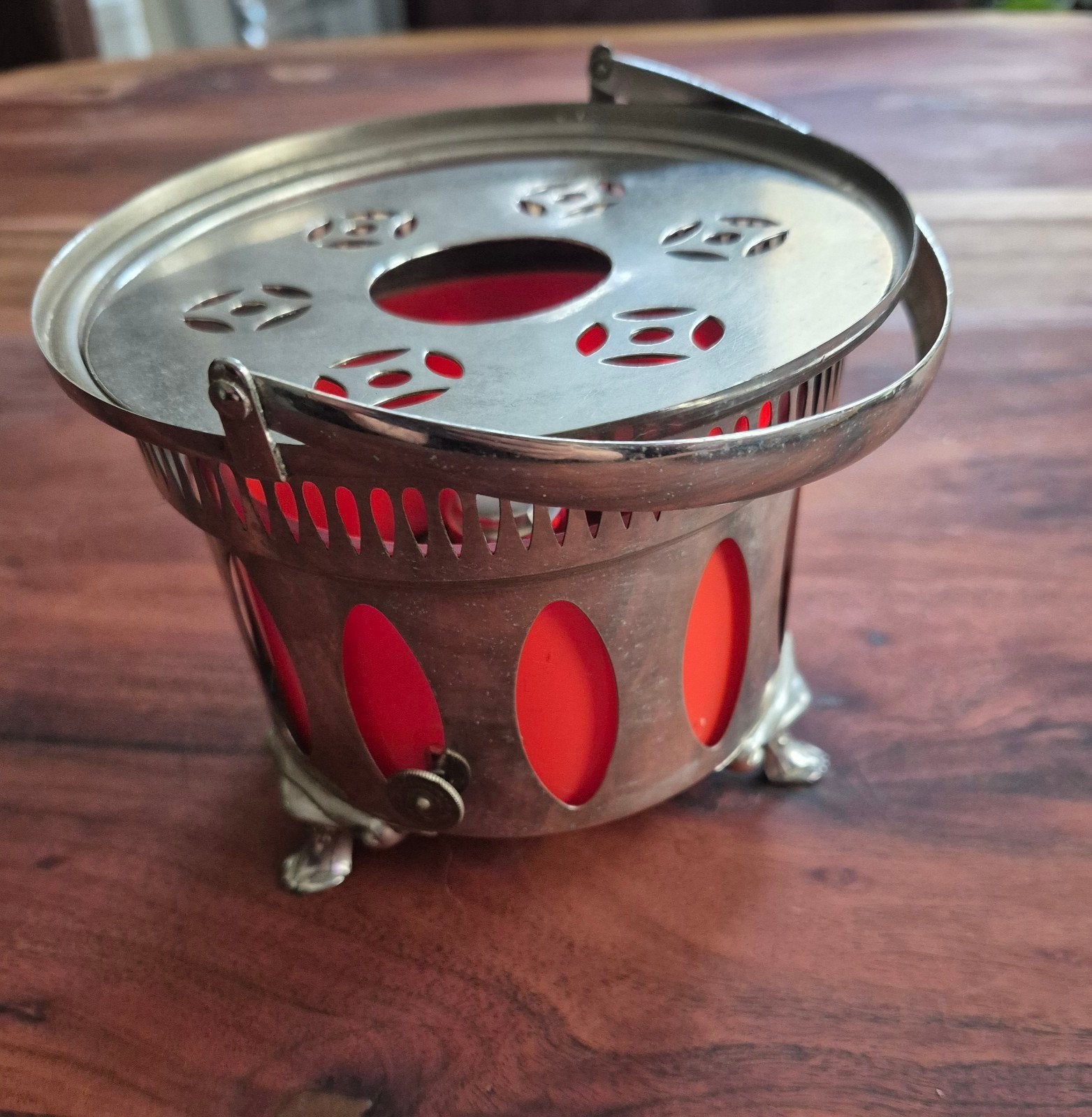 Vintage retro theelichtje rechaud met rood glas petroleum, Ophalen of Verzenden
