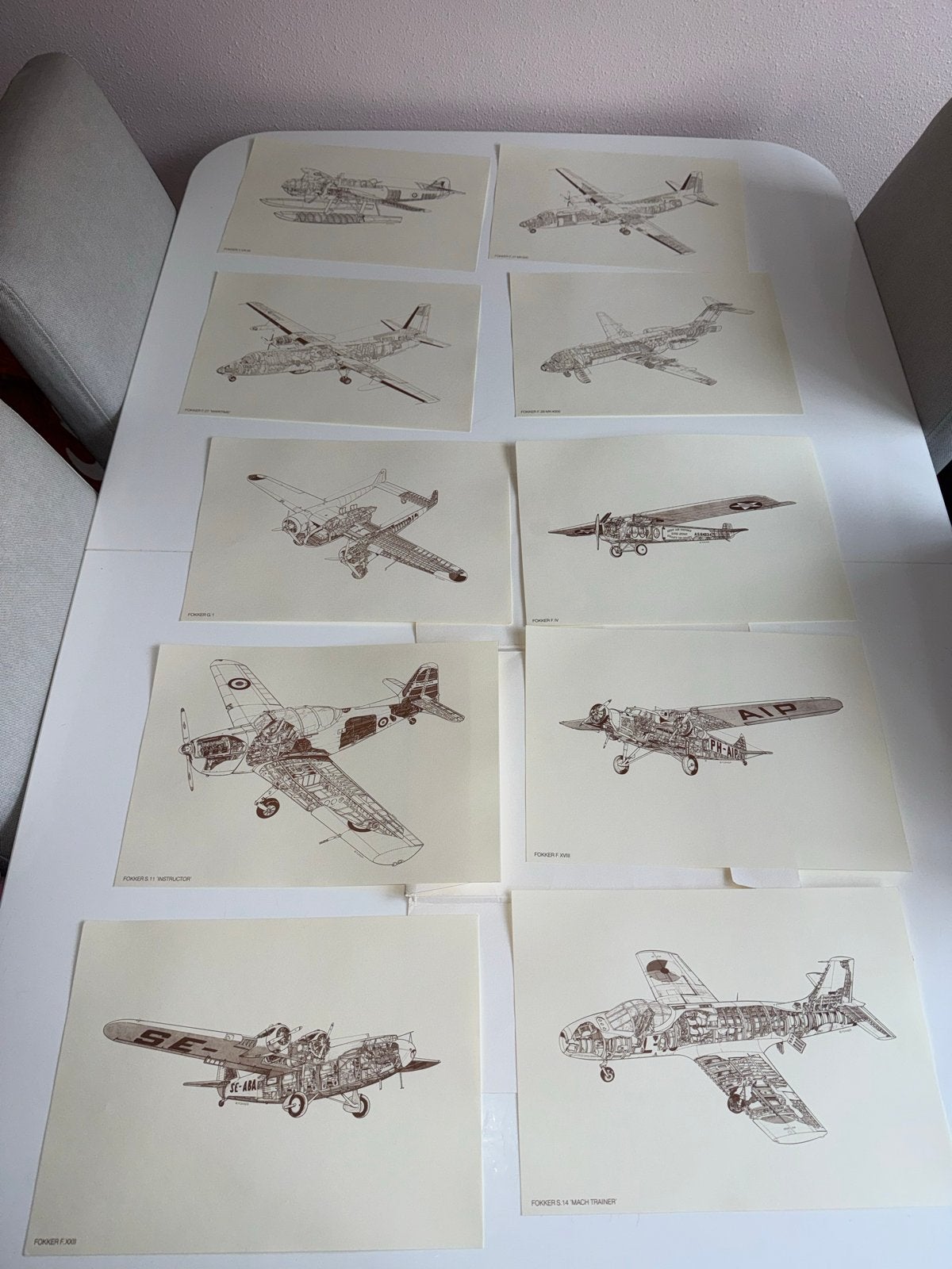 Vintage Fokker Vliegtuigen Tekeningen - Set van 24, Overige technieken, Militair, Origineel, 1950 - 1999