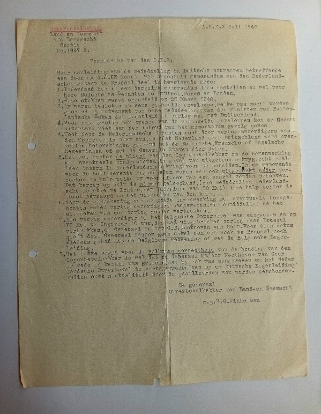 Zeldzaam WO2 Document Generaal Winkelman (2 Juli 1940 - OLZ), Verzamelen, Ophalen of Verzenden, Landmacht, Nederland, Hulzen of Bodemvondsten