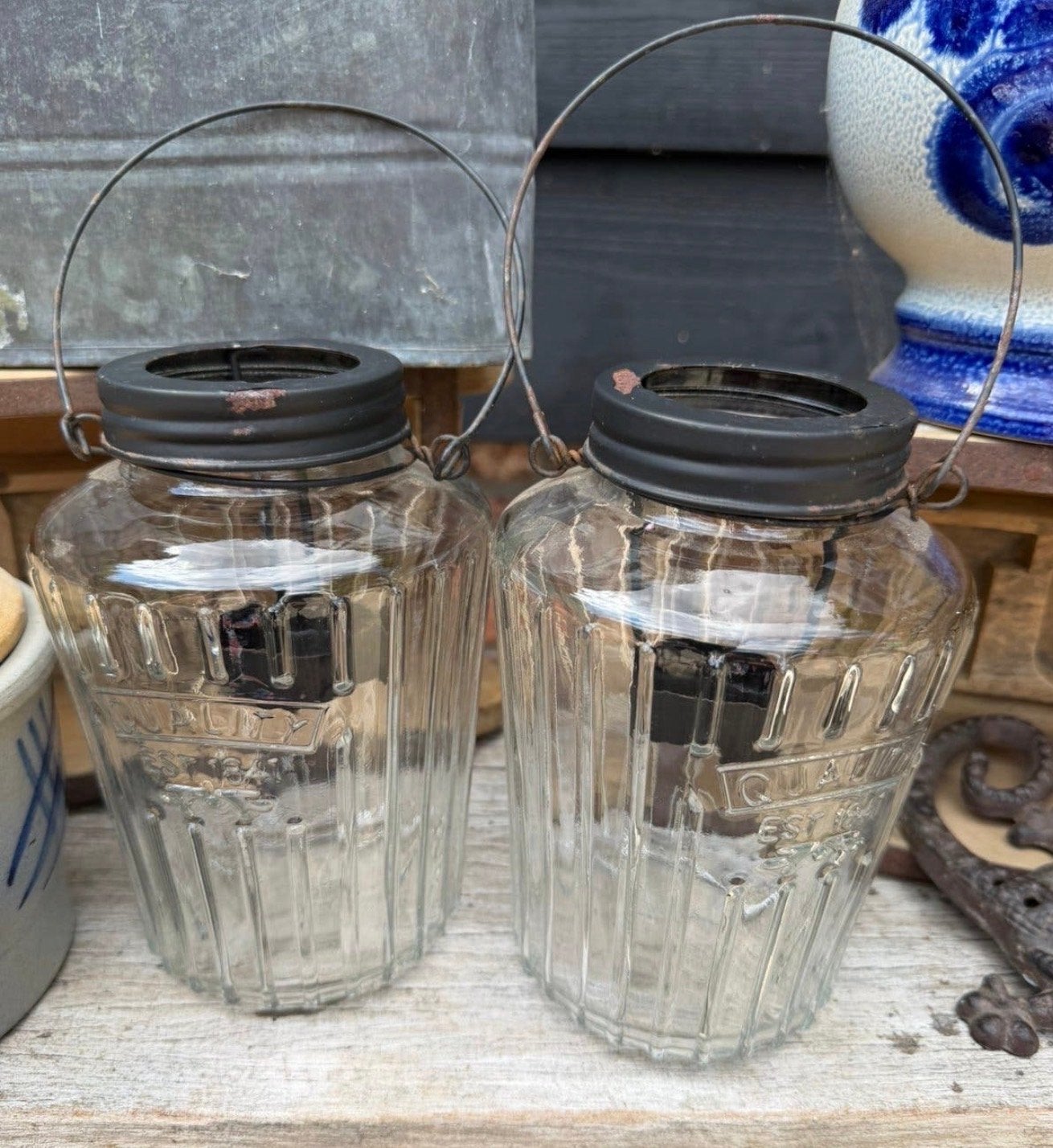 Set van 2 glazen windlichtjes voor waxinelichtjes, Gebruikt, Waxinelichthouder, Ophalen of Verzenden, Glas