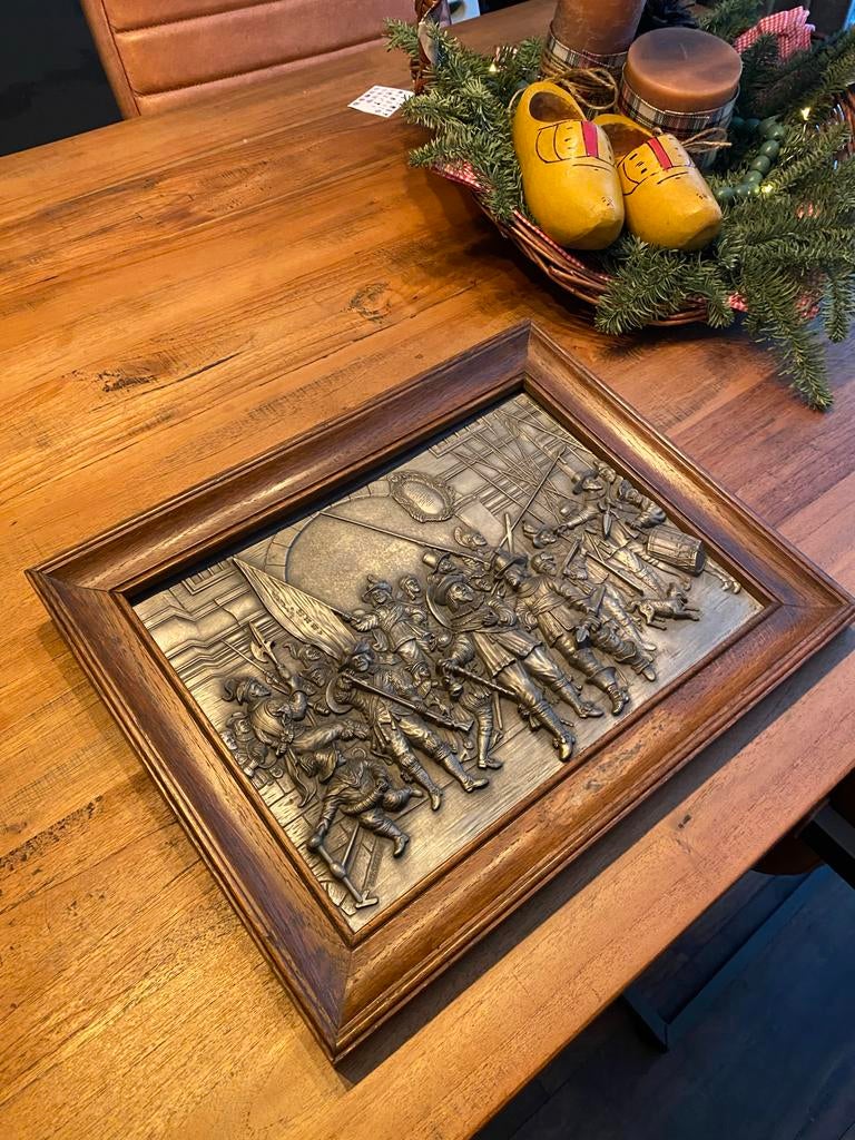 Tin Schilderij Nachtwacht in Houten Lijst moet nu weg!!, Antiek en Kunst, Antiek | Wandborden en Tegels, Ophalen of Verzenden
