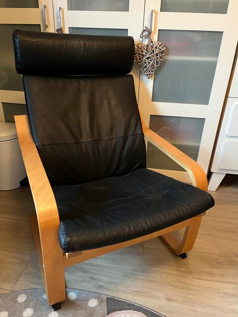 Ikea poang Zwarte Leren Relaxfauteuil, Ophalen, Minder dan 75 cm, Zo goed als nieuw, 50 tot 75 cm
