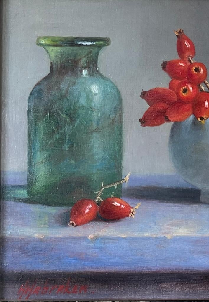 Schilderij rozenbottels in een kom en een vaas.Hans Habraken, Antiek en Kunst, Ophalen of Verzenden