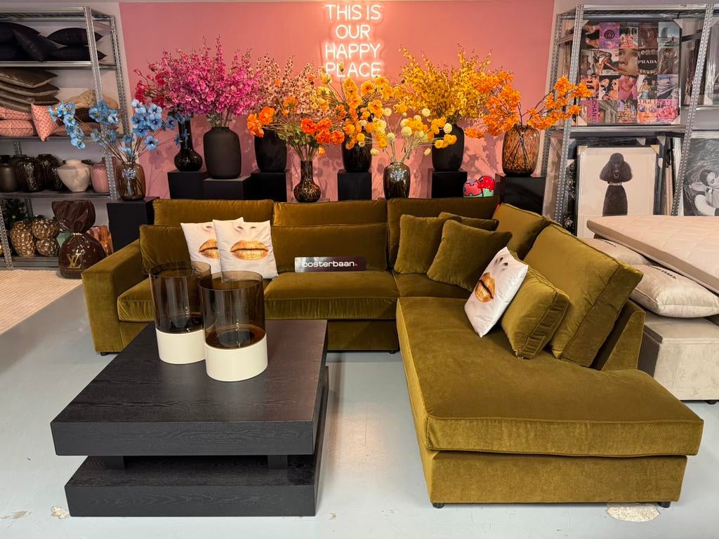 Luxe Velvet Hoekbank Pocket 310x250cm Groen Green Moss Uniek, Info@oosterbaanwonen.nl, Venus 31 8448CE Heerenveen, Hoekbank, Oosterbaan Wonen