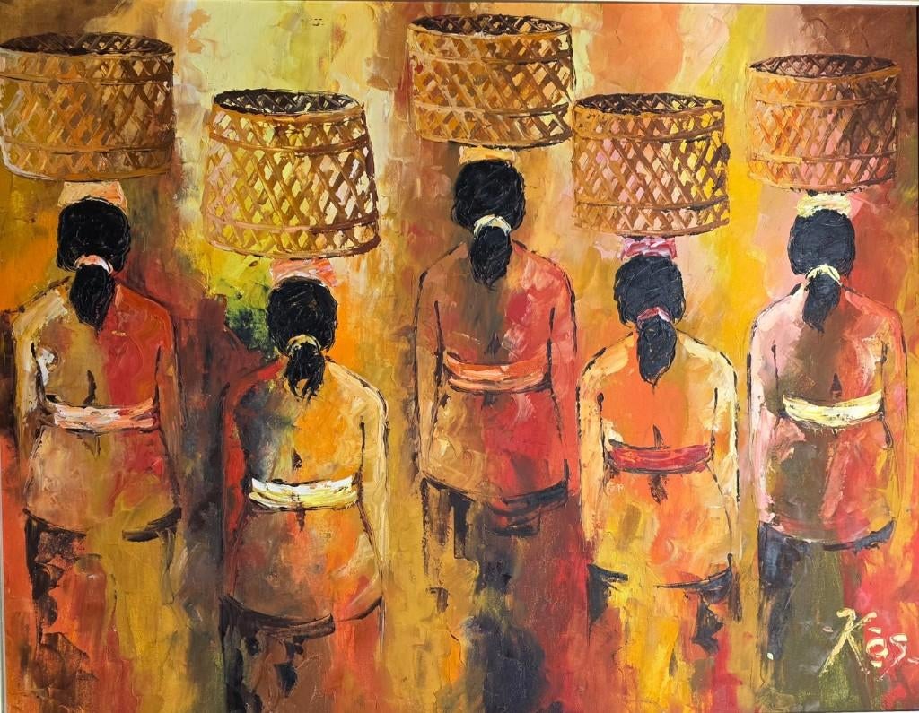 Balinese feestelijke dansceremonie, Antiek en Kunst, Kunst | Schilderijen | Modern, Ophalen of Verzenden